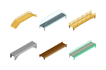 Fixed Bridges Made of Wood and Metal with Beam and Arch Bridge Isometric Vector Set - obrazy, fototapety, plakaty
