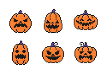 Halloween pixel pumpkin head set. Icons in pixel art design isolated on white background, vector sign symbol.
