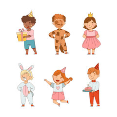 Cheerful Kids in Masquerade Costume and with Face Painting Engaged in Festive Celebration Vector Set