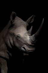 Portrait of a rhinoceros in the dark. Face of a rhinoceros illuminated in the dark. 