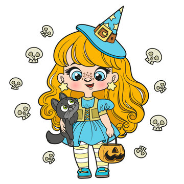 Cute cartoon girl in a Halloween witch costume with pumpkin for sweets  and cat color variation for coloring page on white background