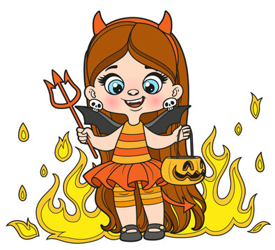 Cute cartoon long haired girl in a Halloween devil costume with pumpkin for sweets color variation for coloring page on white background