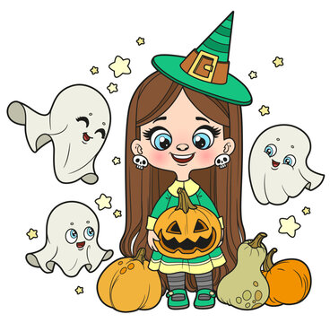 Cute cartoon long haired girl in a Halloween witch costume with pumpkins color variation for coloring page on white background