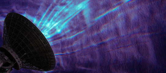 Panorama satellite dish on a purple abstract background. Cosmonautics Day, space exploration