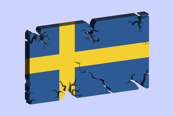 Sweden flag on 3D cracked wall vector, fracture pattern, country flag with cracked texture, issues concept