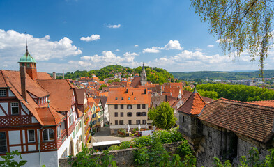 View from Hohentübingen Castle to the old town of Tübingen with the Collegiate Church. Baden-Württemberg, Germany, Europe - obrazy, fototapety, plakaty