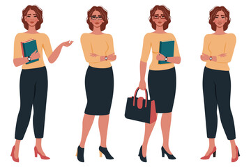 Fototapeta premium Set of сonfident beautiful young women. School or college teacher, office worker, successful businesswoman. Female flat character. Education, study, business concept. Vector illustration