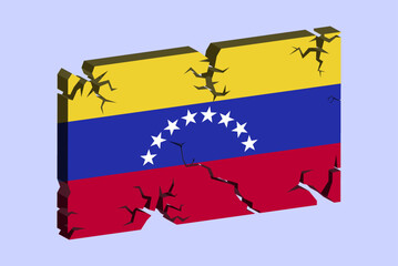 Venezuela flag on 3D cracked wall vector, fracture pattern, country flag with cracked texture, issues concept