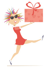 Young woman holding a big present box with ribbon. Smiling young woman in sunglasses celebrating birthday or important event. Illustration on white background
