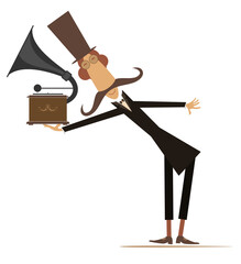 Man and retro record player illustration. 
Funny mustache man in the top holding vintage record player. Isolated on white background

