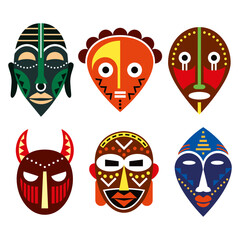 African ritual masks vector design set, traditional folk art decorations in different colors

