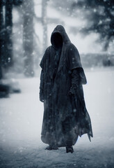 Fototapeta Illustration of a dark hooded figure walking on a snowy foggy forest in winter. Cold, darkness, mysticism and fear concept obraz