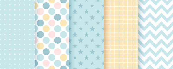 Scrapbook seamless pattern. Cute baby shower backgrounds. Set textures with polka dots, zigzag, stars and plaid. Retro pastel print. Geometric childish wrapping backdrop. Color vector illustration.