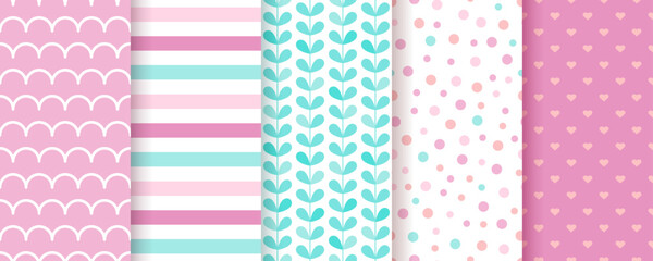 Scrapbook pattern. Seamless baby shower background. Set pink packing paper. Cute textures with polka dot, stripes, hearts, leaves, wave. Trendy pastel print for scrap design. Color vector illustration - obrazy, fototapety, plakaty