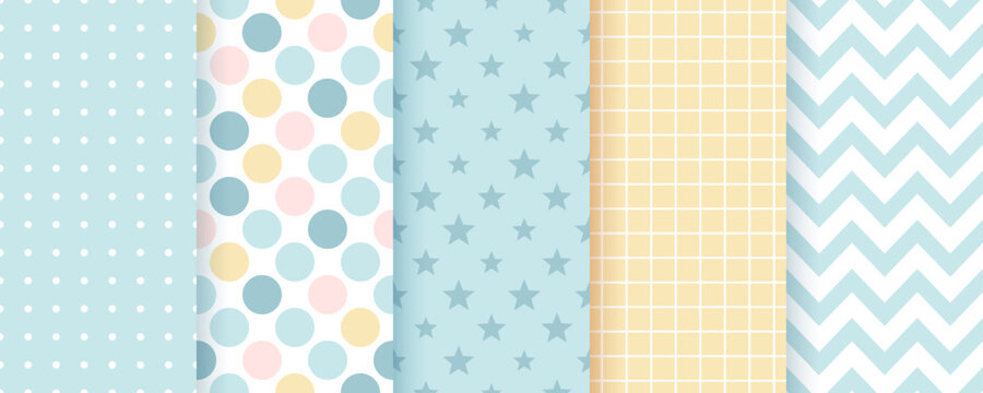 Scrapbook seamless pattern. Cute baby shower backgrounds. Set textures with polka dots, zigzag, stars and plaid. Retro pastel print. Geometric childish wrapping backdrop. Color vector illustration.