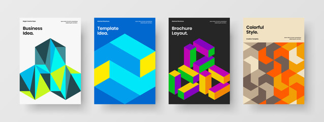 Minimalistic geometric hexagons handbill layout bundle. Multicolored front page vector design concept composition.