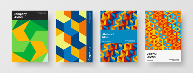 Colorful corporate brochure A4 vector design template bundle. Simple mosaic shapes handbill layout set.