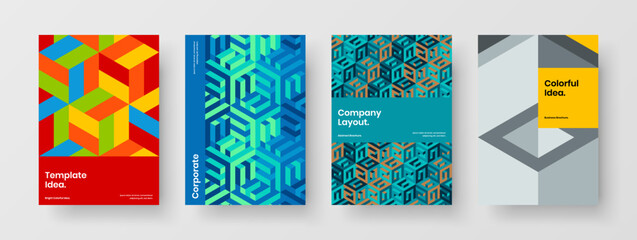 Bright geometric shapes company cover concept collection. Multicolored postcard A4 vector design layout bundle.