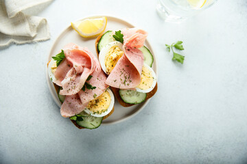 Sandwiches with ham and hard boiled egg - obrazy, fototapety, plakaty