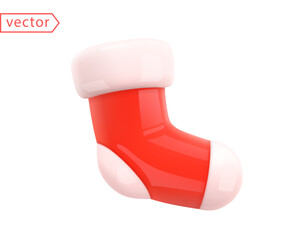 Christmas Sock Abstract Decor. Realistic 3d mocup design element in shiny plastic cartoon style. Red and white colors. Close-up object isolated on white background. 3D Vector illustration