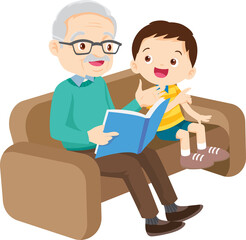 grandparents with grandchildren reading,The grandchildren read books for the grandfather to sit on the sofa to enjoy.Grandfather And Boy Reading A Book