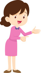 Female teacher character Female young teacher in casual clothes at blackboard with copy space showing something using pointer