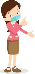 Fototapeta premium Female teacher character Female young teacher in casual clothes at blackboard with copy space showing something using pointer