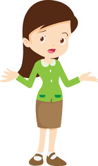 Obraz premium Female teacher character Female young teacher in casual clothes at blackboard with copy space showing something using pointer