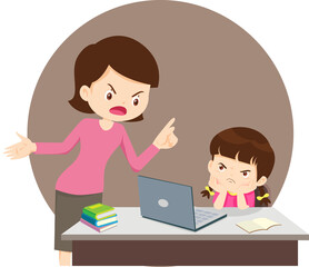 famly and child boy bored of studying in front of the laptop. Concept of tired kid from home e-learning or online education