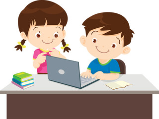 Back to school, happy Pupils children learning computer reading books concept
