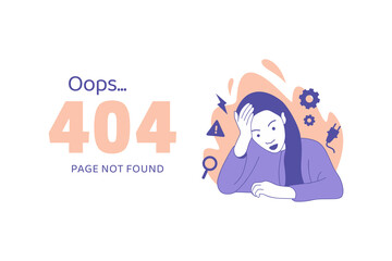 woman holding hands on head having disappointment for Oops 404 error design concept landing page
