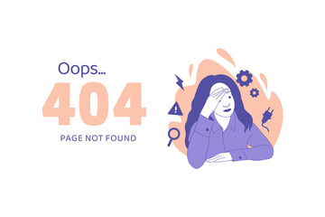 woman holding hands on head having disappointment for Oops 404 error design concept landing page
