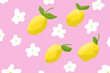 Yellow lemons and white flowers on pink background pattern illustration
