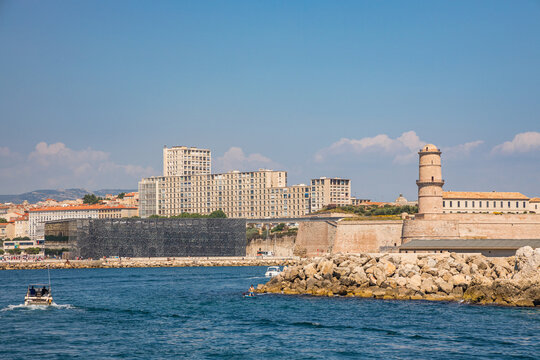 View of the entrance of the Old Port of Marseille and the Fort Saint-Jean fortification