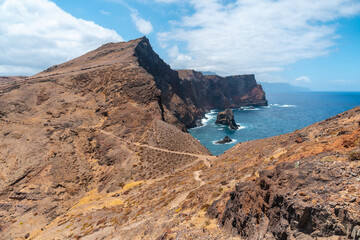 Trekking trail at Ponta de Sao Lourenco in the rock formations, Madeira