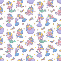 Seamless pattern with cute unicorns. Background with kids characters, wallpaper for banner