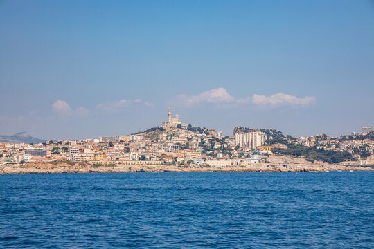 Skyline of Marseille with a view on the 7th arrondissement, Endoume district, Pointe d'Endoume and Pointe Cadiere from the Mediterranean sea 