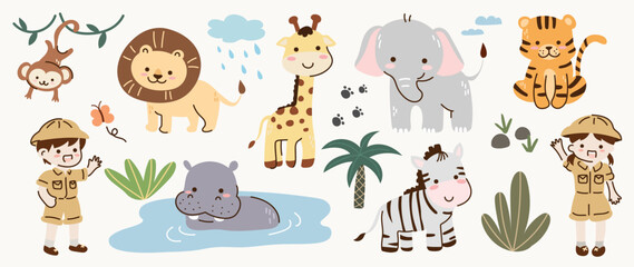 Set of safari animal vector. Friendly wild life with hippo, monkey, elephant, lion, tiger, zebra, boys and girls in safari suit. Adorable animal and many characters hand drawn on white background.