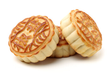 Mid-Autumn Festival moon cake on white background（Non-English texts translation :salt and pepper）