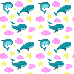 Drawn artistic whales. Fabric print. Pink clouds. Children's print. Whale pattern. Marine fantasy theme.