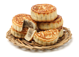 Mid-Autumn Festival moon cake on white background（Non-English texts translation :salt and pepper）