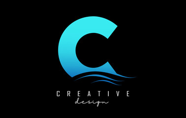 Water effect blue letter C logo with leading lines. Letter with geometric and waves design.Vector Illustration with letter and creative cuts.