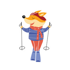 Cute cartoon fox with skis and ski poles. Skiing. Winter holidays. Can be used for kids clothes design, prints and posters.