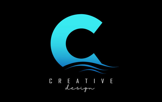 Water effect blue letter C logo with leading lines. Letter with geometric and waves design.Vector Illustration with letter and creative cuts.