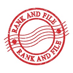 RANK AND FILE, text written on red postal stamp.
