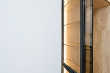 A black glass cabinet with a door and lighting