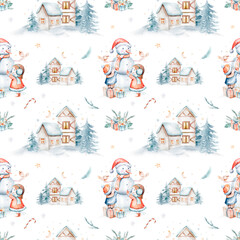 Watercolor Merry Christmas seamless pattern snowman, christmas tree, santa holiday invitation. Christmas gift celebration cards. Winter new year design.