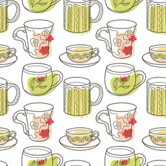 vector seamless pattern on the fun cups for tea and coffee