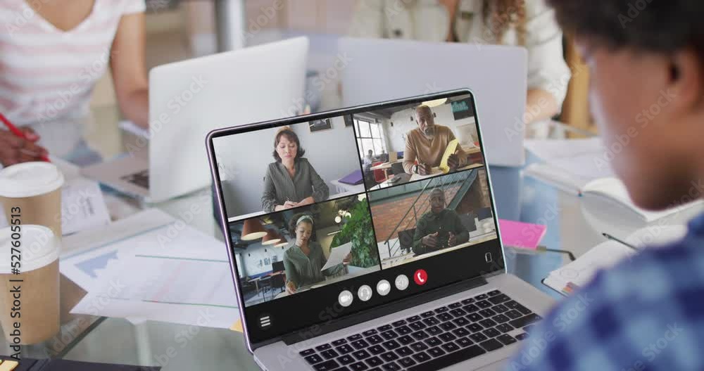 Poster African american woman using laptop for video call, with diverse business colleagues on screen