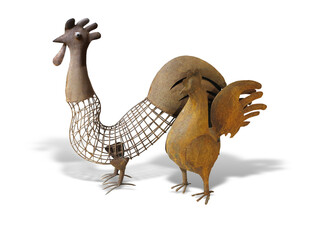 Metallic rusted rooster and hen isolated on white background